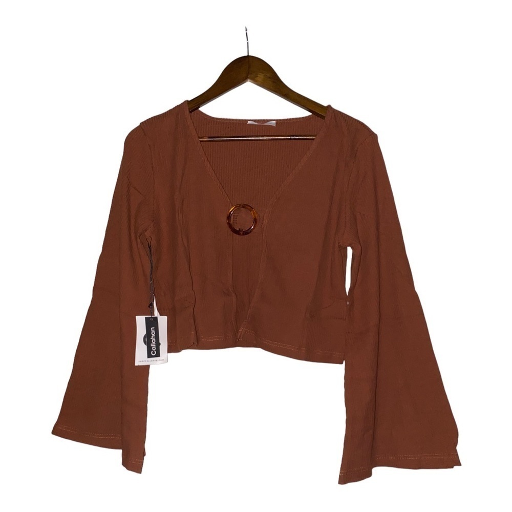 Callahan X REVOLVE Vera Women Ribbed Knit Crop Top Bell Sleeve L Boho Hippie NEW